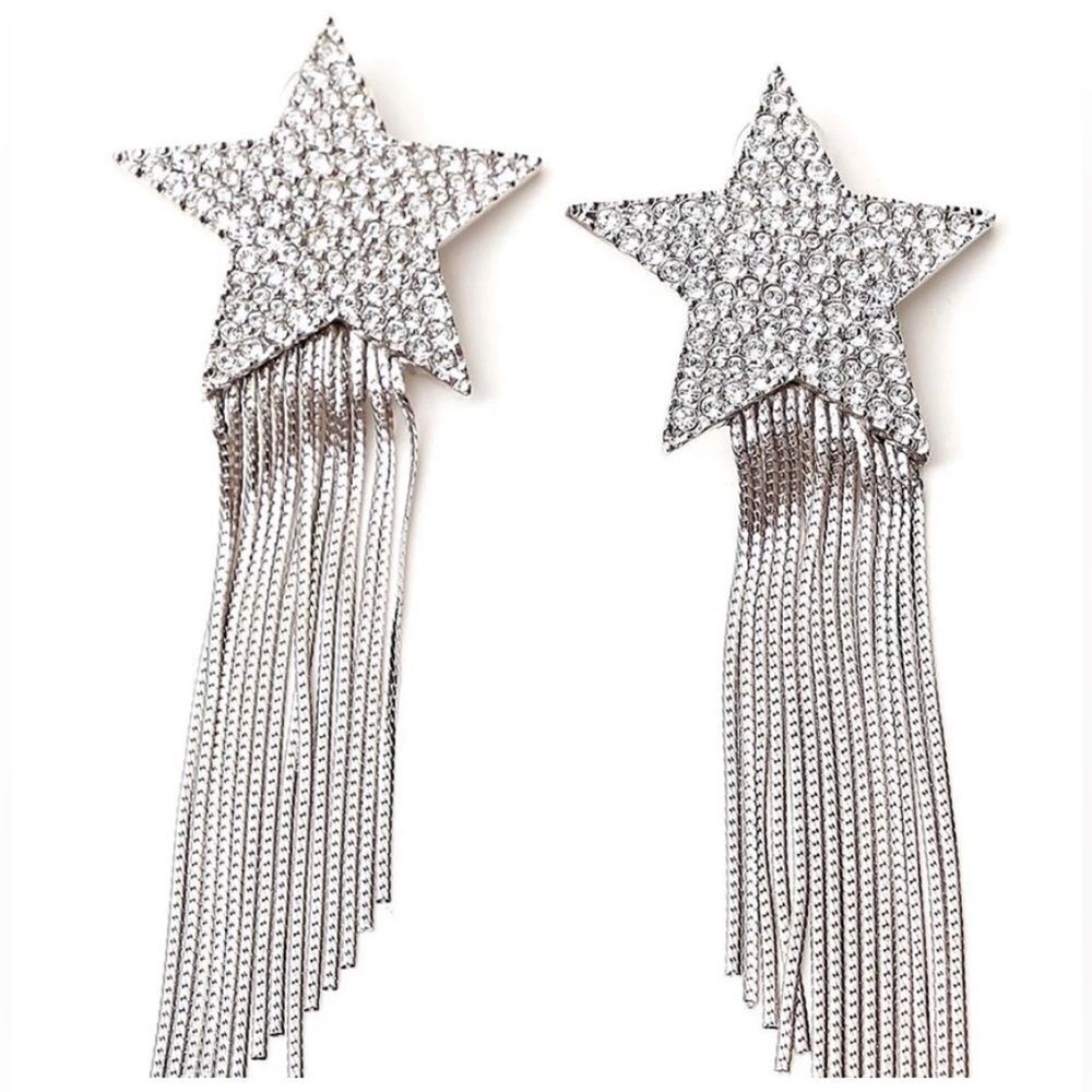 NEW *8 other reasons* Silver Fringe Tassel Waterfall Star Earrings